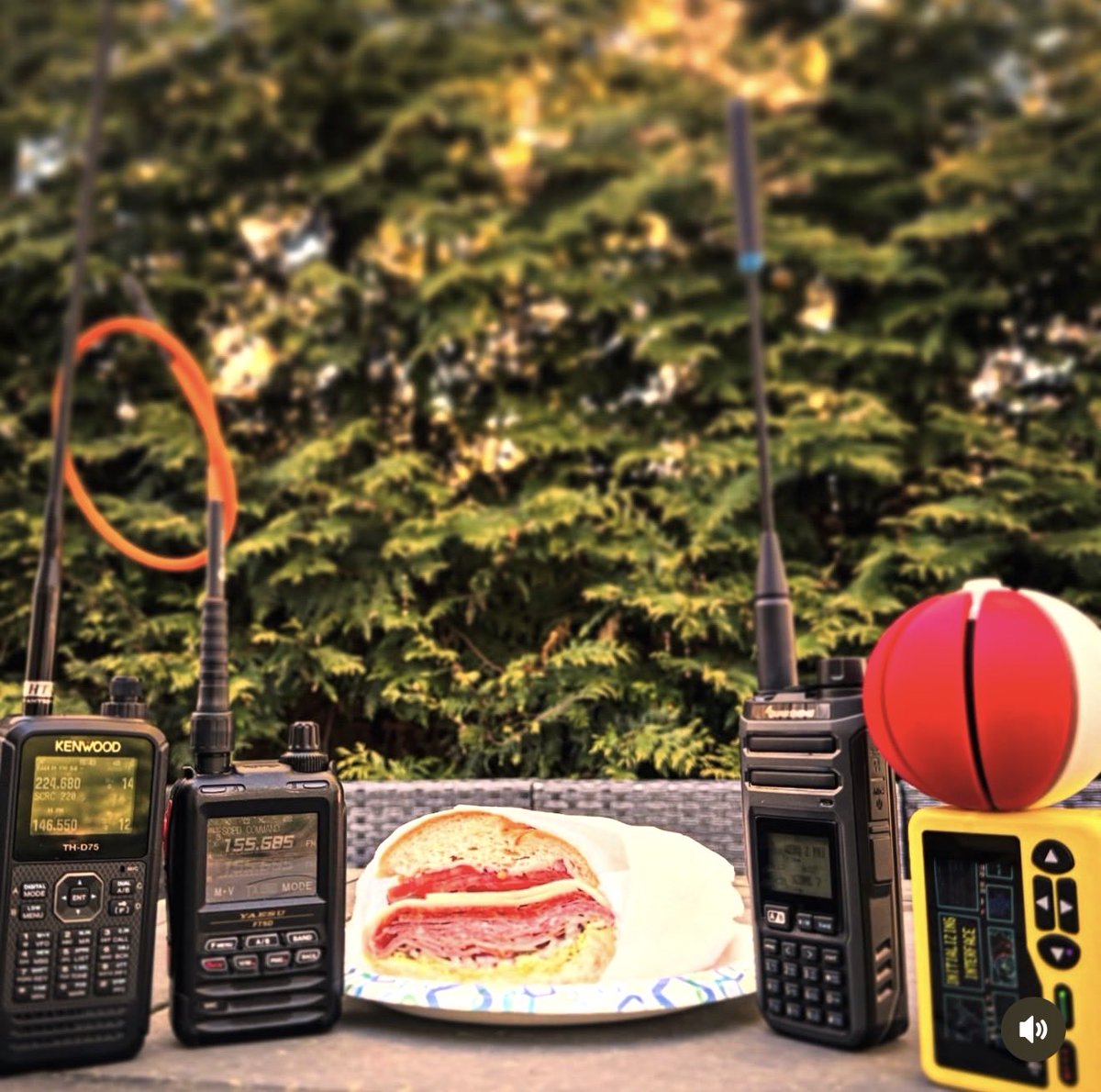 DustinFinn's tweet photo. Ham Radios. 
Pokémon 3D printed fidget clicker
More radios. 
#Hak5 PineApplePager 
And a @Seport deli Italian hero. 
Dinner is rocking. https://t.co/oAExagum4q