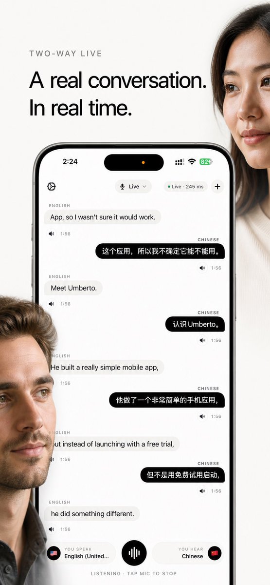 Speaklu_ai's tweet image. A real conversation. In real time.
Two people, two languages, one screen. No tap-to-switch. No spinner. No mode-toggling.
245 ms end-to-end. 100+ languages.
Speaklu. Shipping soon.
#iOS #buildinginpublic