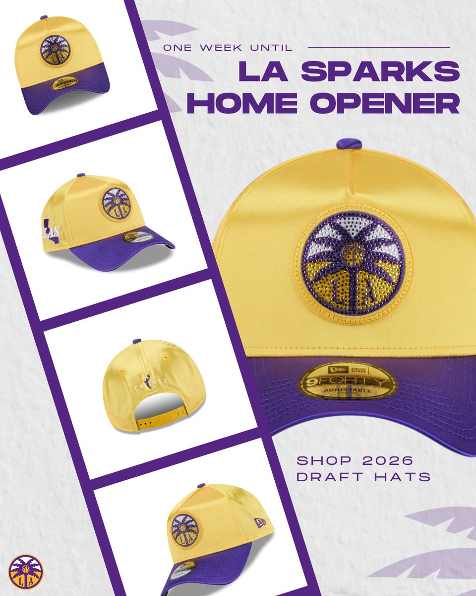 teamlastore's tweet photo. One week until @LASparks magic is back✨ Gear up for the season with the official 2026 Draft Hat from @NewEraCap —3 different styles to choose from, now available online! Link in bio #teamlastore #lasparks https://t.co/0EL5fiEZBG