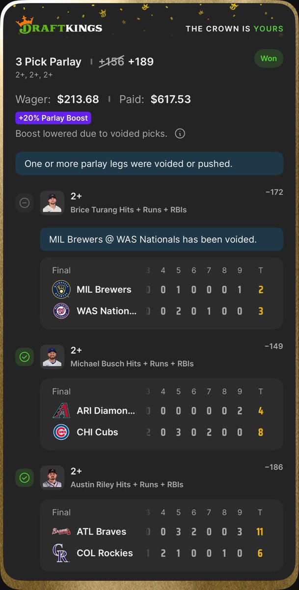 TroubleBets's tweet image. Cash the fav H+R+RBIs🎯

Turang woulda been 🆓 but we take it

#GamblingX #MLB #DraftKings #Parlay #DFS #playerprops #Sportsbets