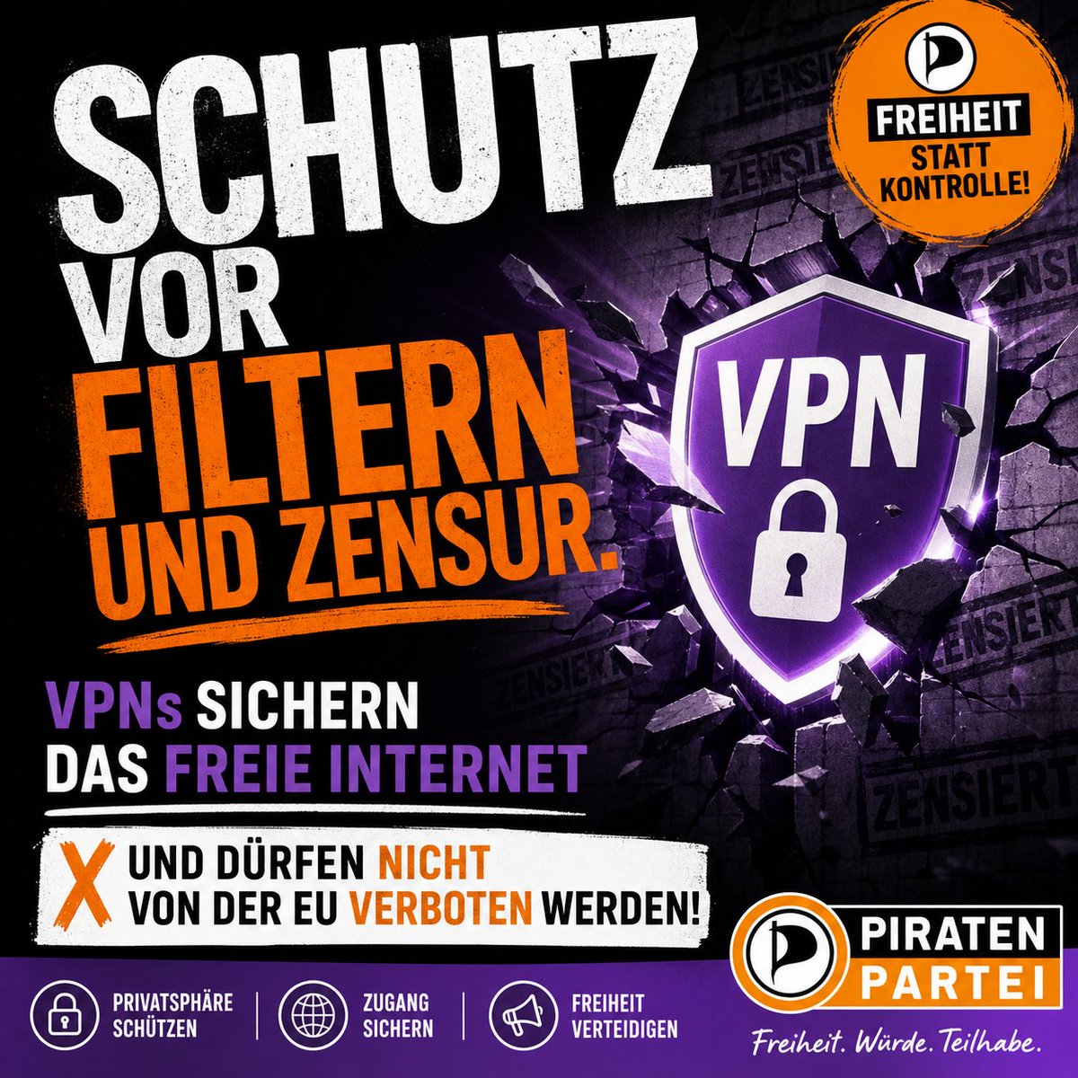 Es droht ein EU VPN-Verbot, weil mit deren Hilfe auch die auf Europaebene geplante #Altersverifikation umgangen werden kann. Wir #PIRATEN sagen: VPNs bieten Schutz vor Filtern und Zensur. Sie sichern das freie Internet und dürfen nicht von der EU verboten werden!