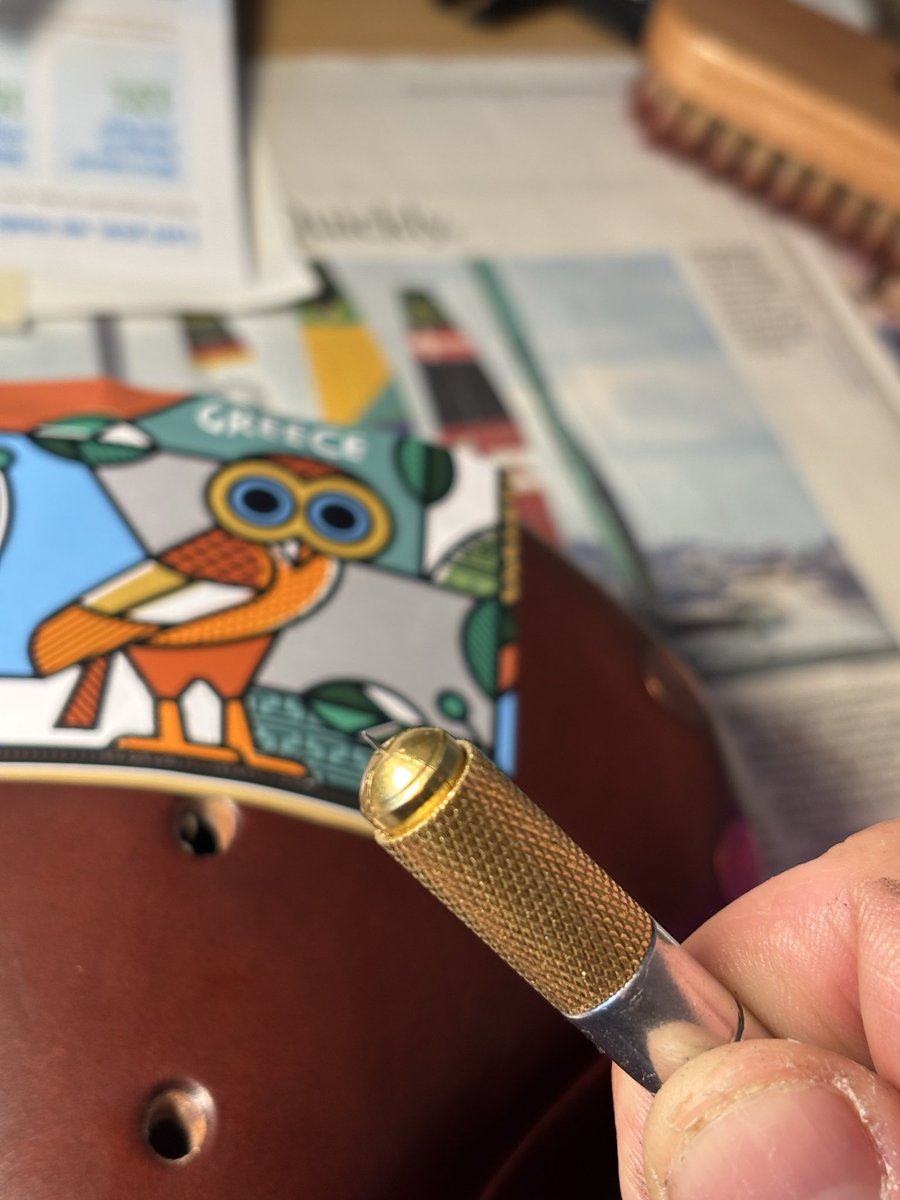 DMFatouros's tweet photo. I took a needle to my #brookssaddle, poking holes over a sticker’s lines. Took some time, but came out rather well. https://t.co/ybyZHwdy70