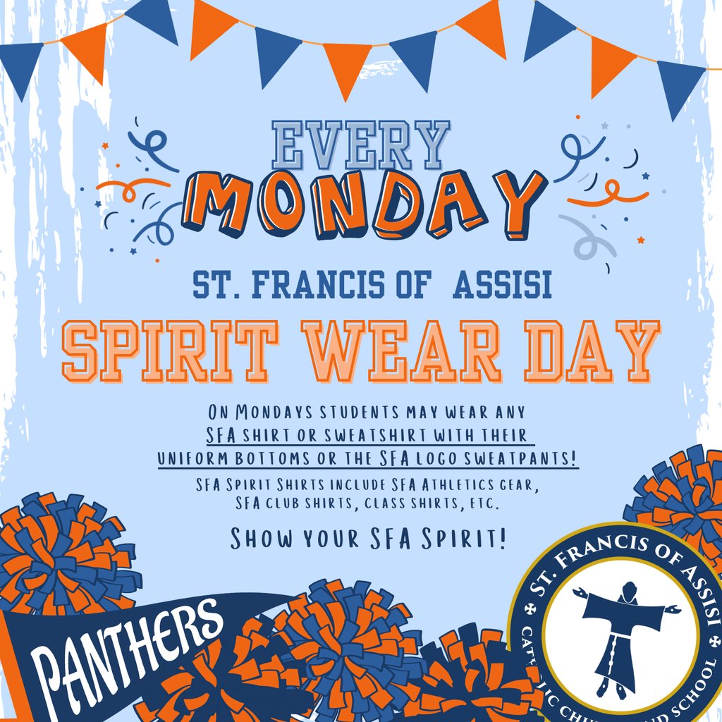 😄💙🧡🎉Spirit Wear Monday! On Mondays  students may wear any SFA shirt or sweatshirt with their uniform bottoms or the SFA logo sweatpants! SFA Spirit Shirts include SFA Athletics gear, SFA club shirts, class shirts, etc. 🎉Show your SFA Spirit!