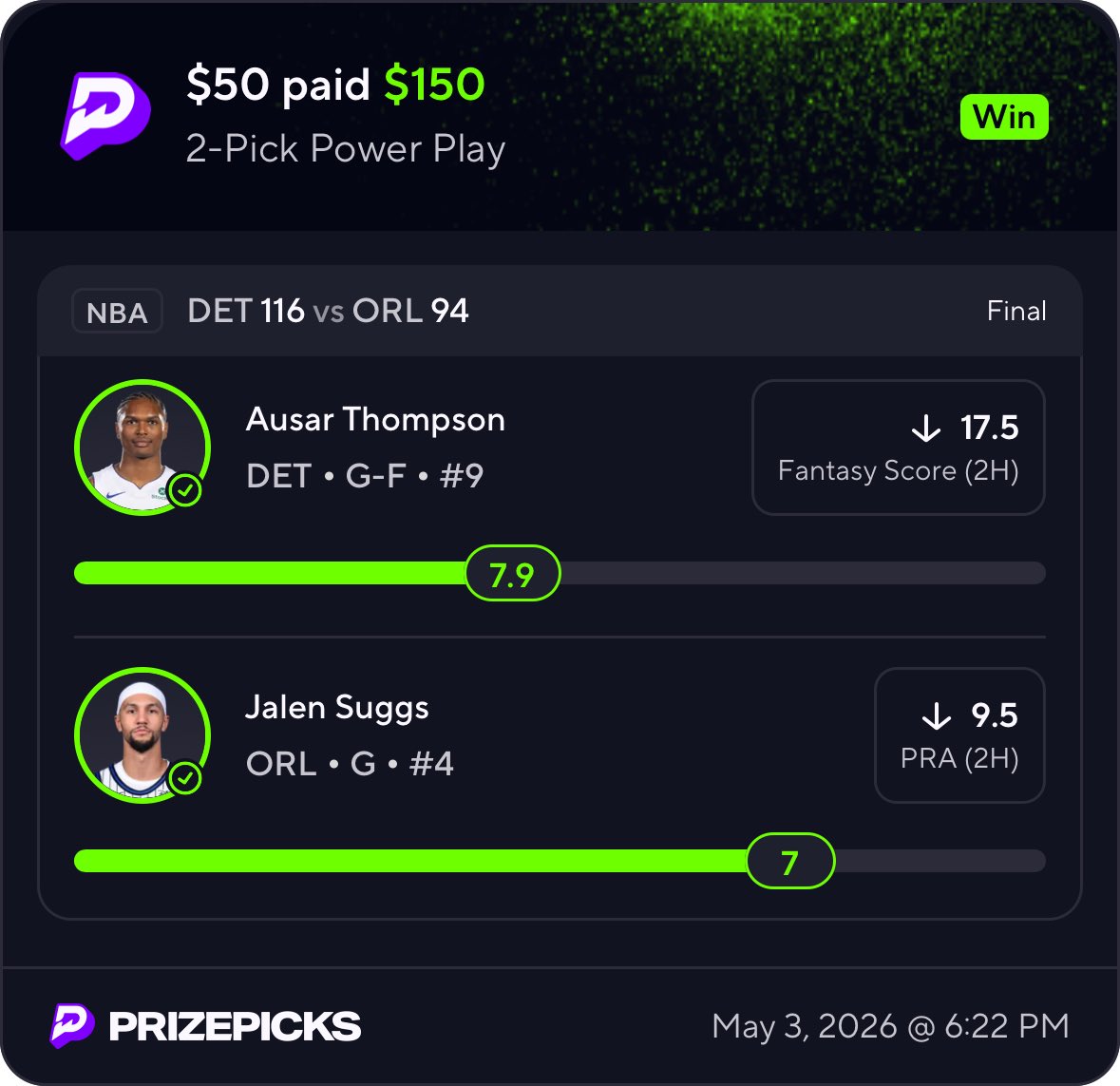 Mal1OfOne's tweet image. CASH THAT 2/2 on the day 👌🏾✌️ #IMBACK #DISCORD #PRIZEPICKS