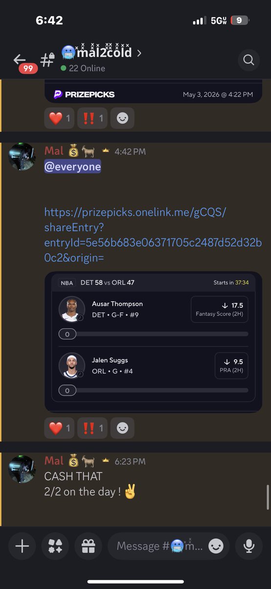 Mal1OfOne's tweet image. CASH THAT 2/2 on the day 👌🏾✌️ #IMBACK #DISCORD #PRIZEPICKS