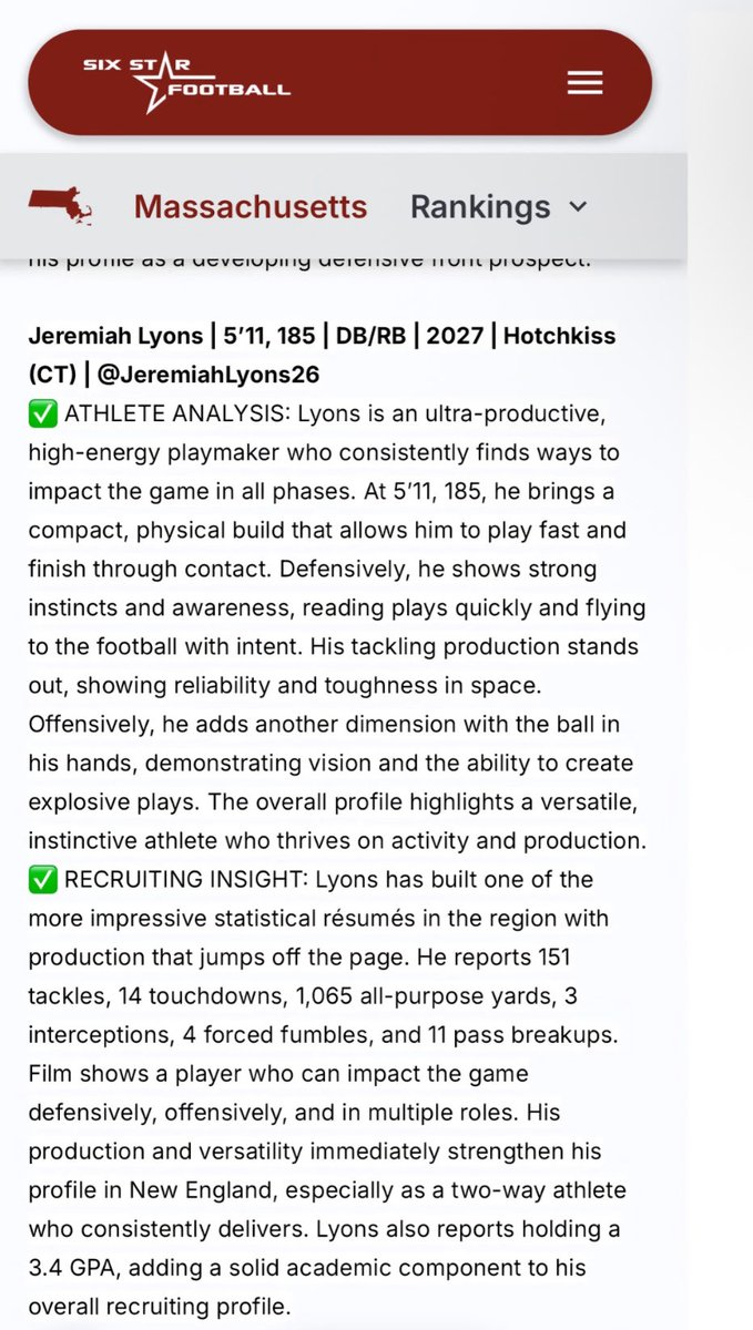 JeremiahLyons26's tweet photo. Thank you for the write up @sixstarfootball much appreciated! @HotchkissFtbl @Coach_D_Quinn @coachcilumba @PRZNewEngland @NE6FB_Recruits @ScoutingNE https://t.co/0EyGQtojMd