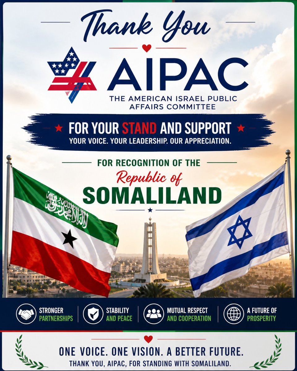 Thank you <a href="/AIPAC/">AIPAC 🇺🇸🇮🇱</a> For your unwavering support and for standing with the Republic of Somaliland.
Together — Israel, the United States, and Somaliland —
we advance stability and .partnership and progress .