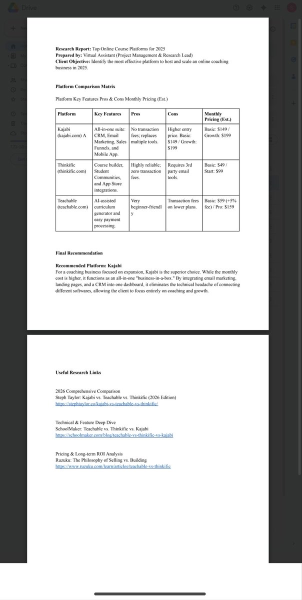 _Kayla_025's tweet photo. Research is more than "Googling"—it's about finding the right tools to scale. 🔎
​I just compared top course platforms (Thinkific, Teachable, Kajabi) to turn complex data into a clear choice for a coaching client.
​@VSEAfrica 
#VirtualAssistant #InternetResearch https://t.co/oZy5oxsBF3