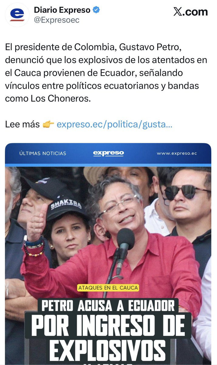 ¿A qué está jugando Diario Expreso <a href="/Expresoec/">Diario Expreso</a>? Este titular es un grave atentado contra el país. Defiéndanse frente a las acciones del poder, pero no jueguen a ser quinta columna de un adicto demenciado, violento e irresponsable como <a href="/petrogustavo/">Gustavo Petro</a>.