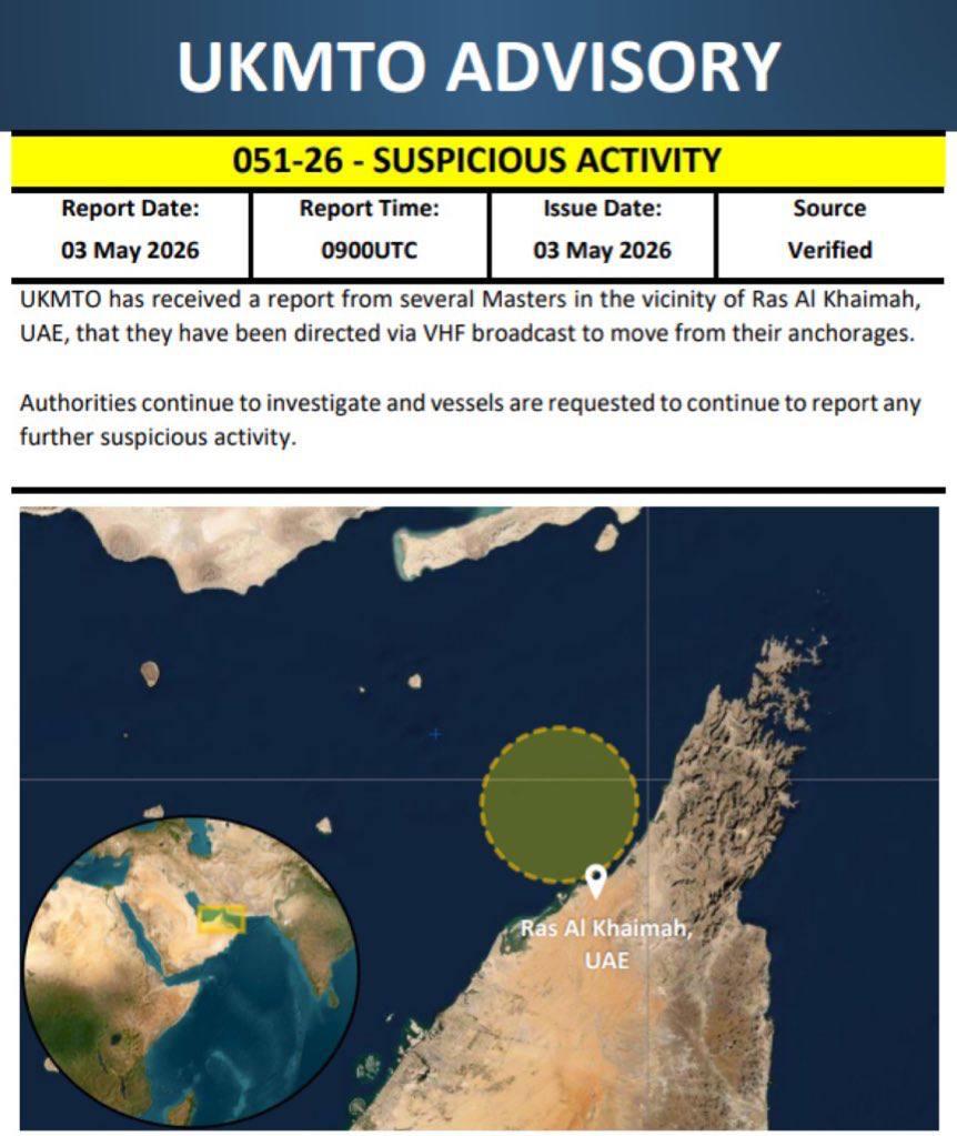 TheCradleMedia's tweet image. On Sunday night, UKMTO reported suspicious maritime activity near Ras Al Khaimah, UAE, after multiple vessel masters said they were instructed via VHF broadcast to leave their anchorages, with authorities continuing to investigate.