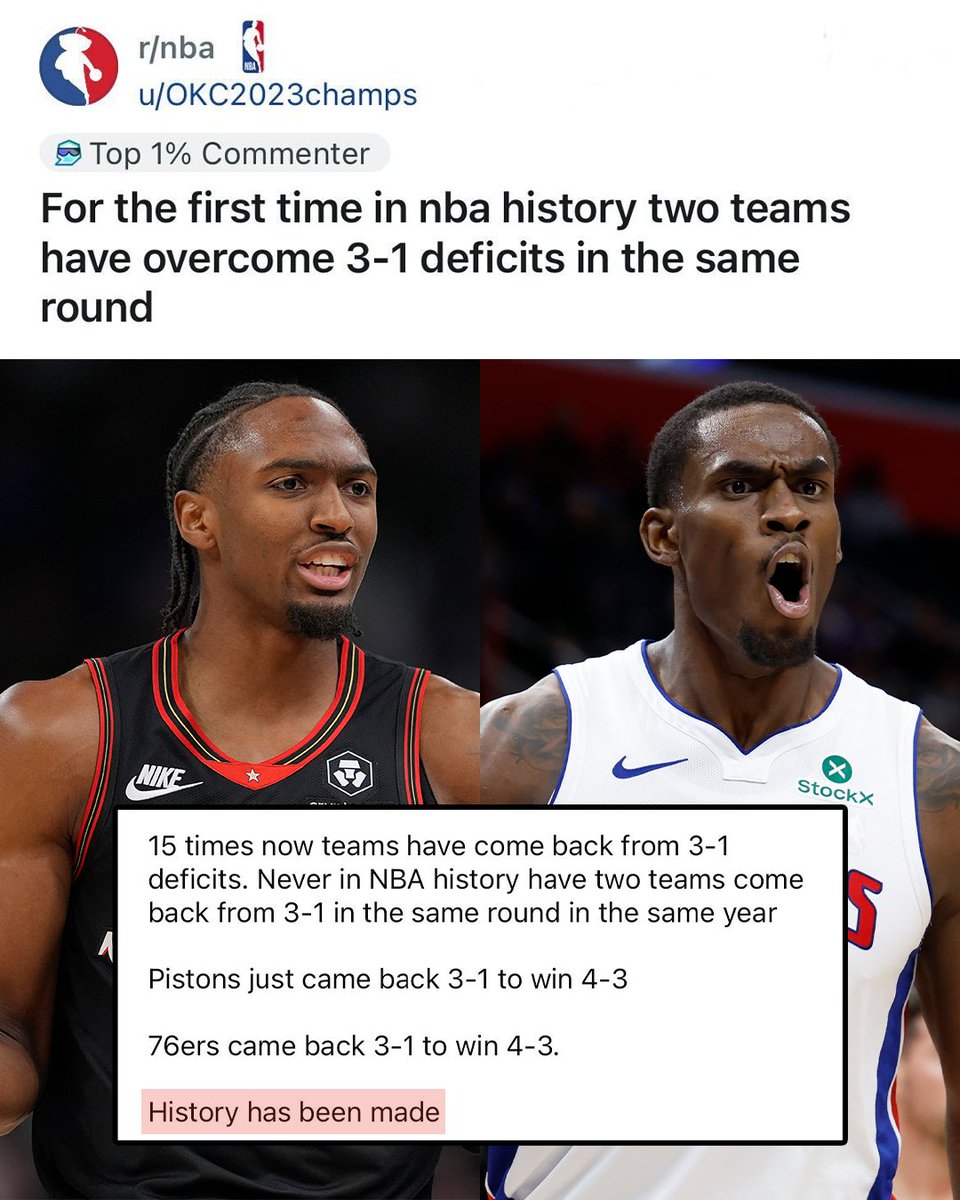 FanDuel's tweet image. The Sixers and Pistons made history 😤

These playoffs are INSANE.

via u/OKC2023champs | #NBA
