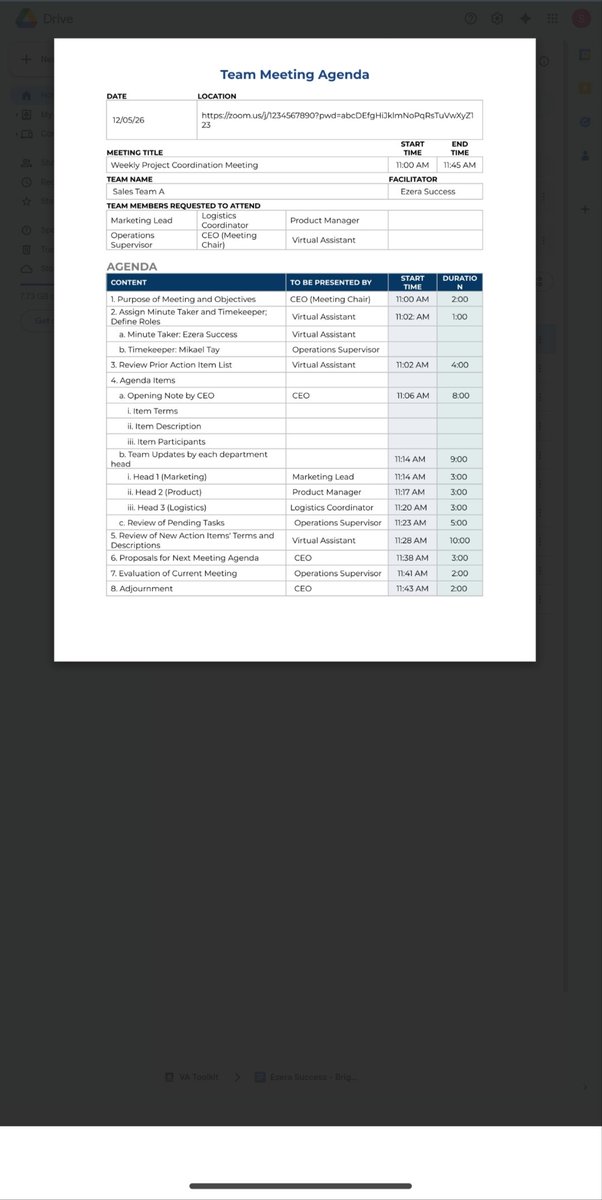 _Kayla_025's tweet photo. Clear agendas lead to clear outcomes. 📈
I leveled up my meeting management skills by setting firm goals, timing segments, and defining stakeholder roles for a project sync. Ready to help teams stay focused and move forward! @Vseafrica
#VirtualAssistant #MeetingManagement https://t.co/uIkC1q2iOC