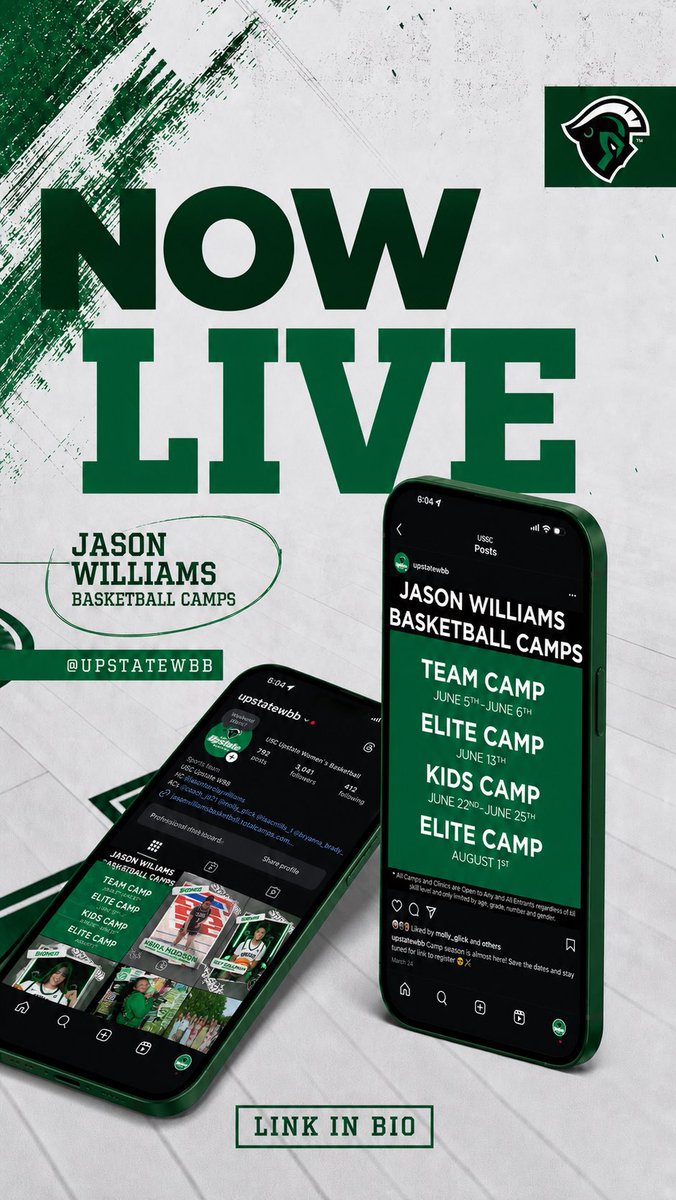 upstateWBB's tweet photo. Camps are officially live! Make sure to sign up and secure your spot today!! 💚⚔️

🔗 https://t.co/PPEmJmYhv0 https://t.co/hiEFmGUNCw