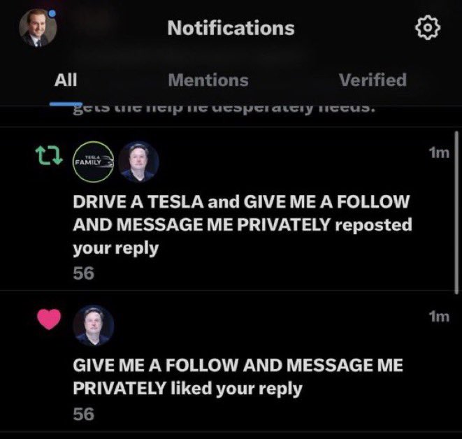 MarkScanlonx's tweet photo. Take note of these people who message you and claim to be Elon 
They are all scam 🚫

They tell you that you’ve won gift 🎁 , it’s all trick and scam, Report and Block them immediately 🚫

Do not interact with them ❌ https://t.co/0odN2dfXVs