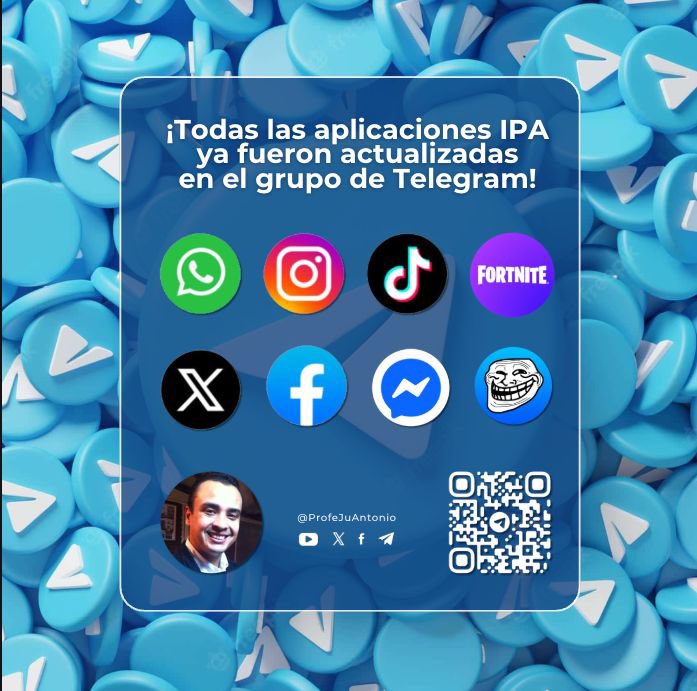 ProfeJuAntonio's tweet image. ⬇️ Descarga gratis las últimas versiones de tus aplicaciones favoritas.
📲 Soportan todos los #iPhone y #iPad.
💎 Compatibles en todo #iOS26, 18, 17, 16 y 15 (sin #Jailbreak).
💡 Las instalas con o sin certificado de developer.

🔗 Acceso al grupo secreto: t.me/ProfeJailbreak