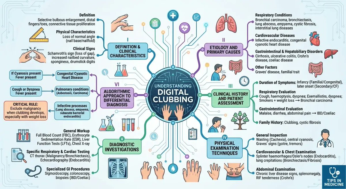 medbook4free's tweet image. Digital Clubbing Causes: Clinical Approach, Diagnosis &amp;amp; Evaluation
tipsinmedicine.online/2026/05/digita…
#MedicalEducation #InternalMedicine #Diagnostics #DigitalClubbing #ClinicalSkills #Physicians