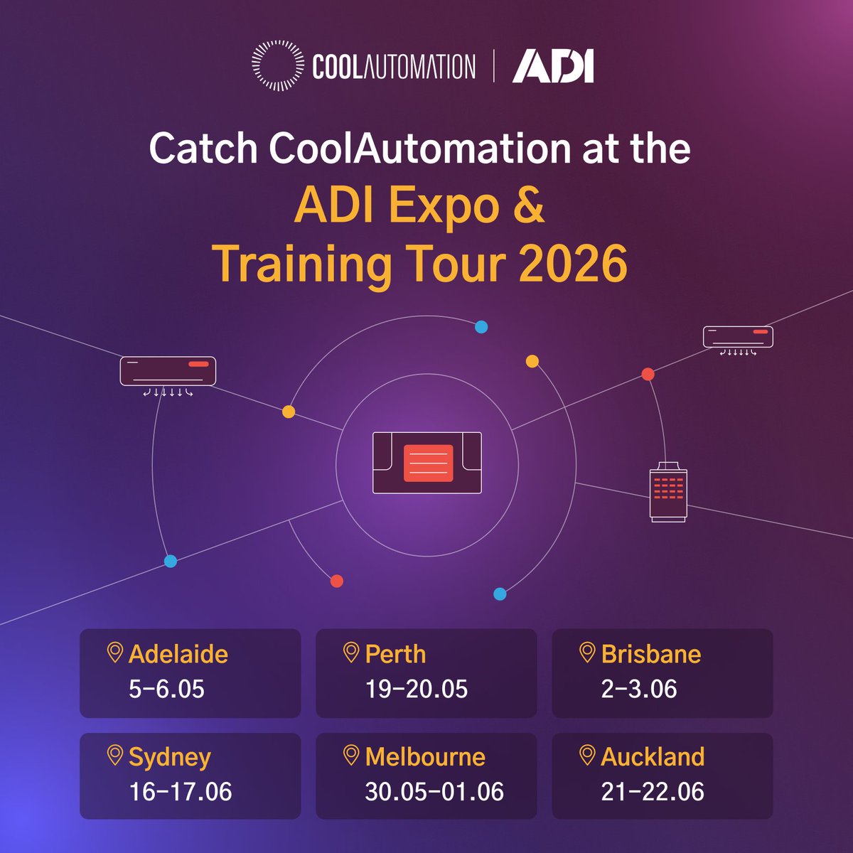 Cool_Automation's tweet photo. CoolAutomation is joining the ADI Expo &amp; Training Tour 2026!

Throughout the tour, which will kick off in Adelaide, we’ll showcase our universal HVAC gateways that enable seamless integration with home automation and BMSs.

Register here: https://t.co/vDzz746gZT https://t.co/CXTJJQUI49