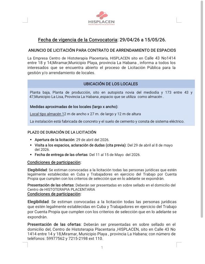 hisplacen's tweet photo. La Dirección de Servicios Generales de @hisplacen pone a disposición de personas jurídicas establecidas en Cuba y trabajadores en ejercicio del Trabajo por Cuenta Propia, el siguiente "Anuncio de Licitación para Contrato de Arrendamiento de Espacios". https://t.co/hiCHHpbAxm