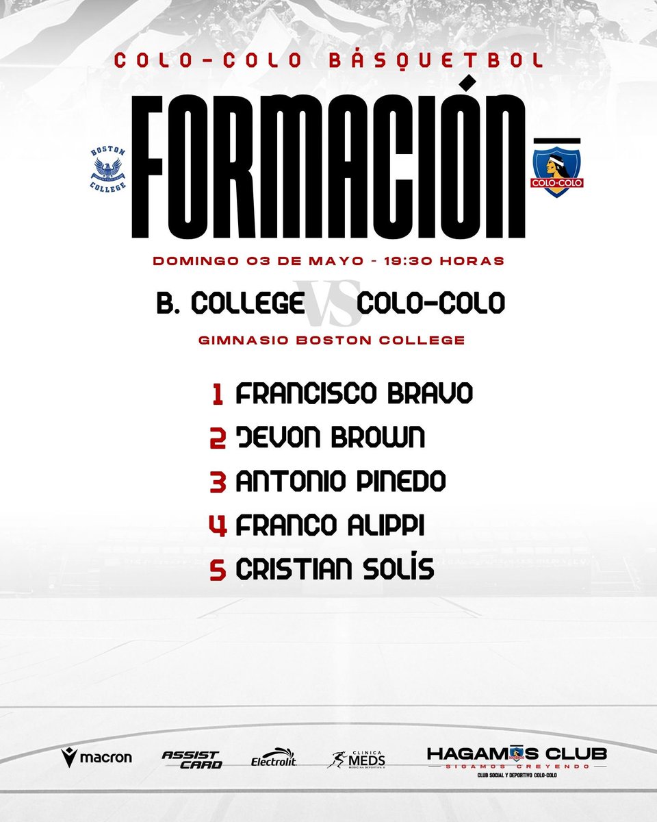 ¡𝐋𝐎𝐒 𝐄𝐋𝐄𝐆𝐈𝐃𝐎𝐒 𝐃𝐄 𝐌𝐄𝐍𝐂𝐇𝐀𝐂𝐀! 🤟🏽🏳🏴

Este es el quinteto inicial de Colo-Colo que saldrá a buscar la victoria ante Boston College en el último duelo de la Liga Chery by Cecinas Llanquihue🏆🔥

Puedes seguir el partido por Basquetpass.