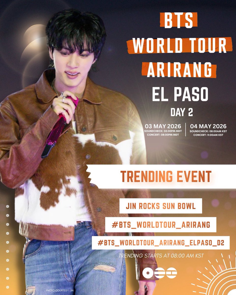 seokjinbol's tweet photo. Listos para el Día 2 del Arirang Tour en El Paso. ¡Hagamos ruido por Jin! 🎤💨

RT y Reply

JIN ROCKS SUN BOWL
#BTS_WORLDTOUR_ARIRANG
#BTS_WORLDTOUR_ARIRANG_ELPASO_D2 https://t.co/7RmBR1GJHE