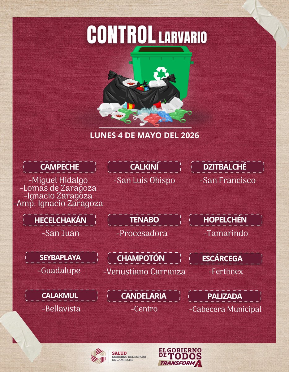 SaludCampeche's tweet photo. Para evitar contraer #Dengue, #Zika o #Chikungunya, es primordial realizar #ControlLarvario.
Solo #Lava los contenedores, #Tapa los tinacos, #Voltea cubetas y #Tira aquellos recipientes en desuso. Con estas acciones, cortamos el ciclo de reproducción del moquito transmisor. https://t.co/SBYZYejFXK