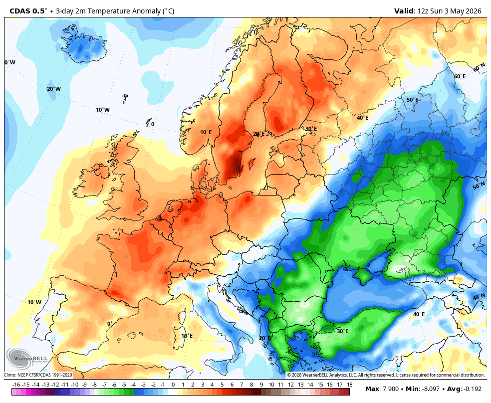 AtmoslabWX's tweet photo. Mayıs ilk 3 günü gerçekleşen sıcaklık anomalisi

Daha önce de ifade ettiğim şekilde “Bu ‘serinlik’ falan değil.
Atmosfer resmen kırılmış durumda.

Rossby dalga kırılması sonucu oluşan yüksek genlikli meridyonel akış.
Batı-orta Avrupa sıcak, Doğu Avrupa–Türkiye hattı soğuk 

Ortadaki kontrast? Jilet.

Bu tablo Mayıs için sert 
bunu Aralık başında bile her yıl yakalanması zor oluyor .