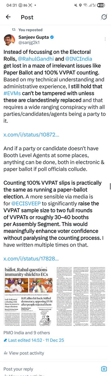 sanjg2k1's tweet photo. On a day when #VVPATs are being discussed, I am reposting my old post dated 11.12.2025 on how @RahulGandhi @INCIndia and @adrspeaks messed it up in the Supreme Court of India by insisting on 100% VVPAT counting!
A ~10% sample counting would have sufficed against the current total number of 5 which is not even 2% in most places.
Please read the following thread including previous posts referred to therein.
@DrSYQuraishi @ECISVEEP
@SpokespersonECI @PMOIndia @HMOIndia