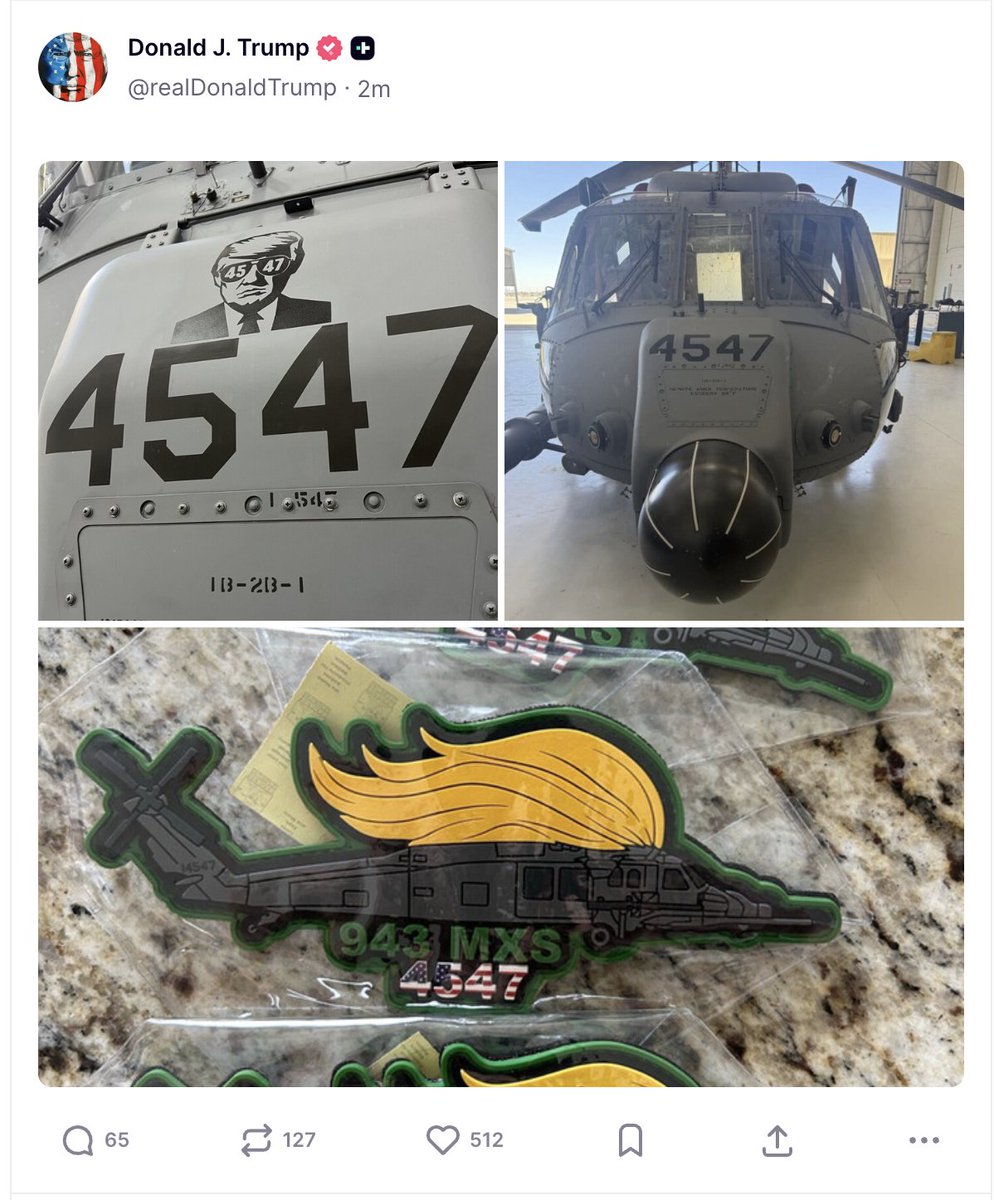 BettyBVel's tweet photo. Donald Trump: These are our Air Force’s powerful search and rescue operators! They are introducing the new HH-60W rescue platform. The tail number of the recently delivered aircraft is 4547, so they call it the “Trump aircraft”! The best, as always, friends! Check out the patch too!

Our search and rescue team—who even designed this unit? The unit emblem looks amazing lol 😄
#Rescue #TrumpAirframe #Trump