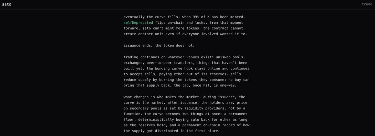 nobody is pricing in what happens when $sato curve hits 99%

supply hits 21M and minting permanently turns off

that makes a 3000 ETH permanent buy wall

where every sell burns $sato