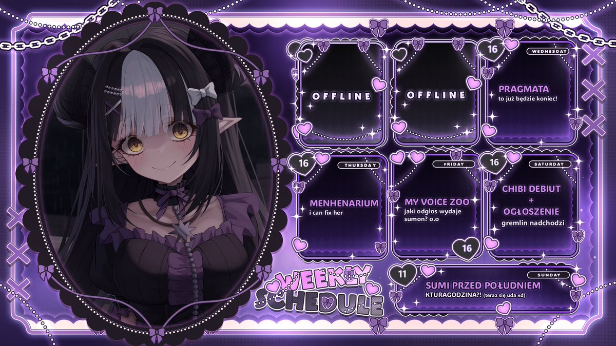 SumiKurumi's tweet photo. schedule!!

środa 16 ->  pragmata
czwartek 16 -> mengenarium 
piątek 16-> my voice zoo
SOBOTA 17 -> CHIBI DEBIUT WRAZ Z OGŁOSZENIEM 
niedziela  11-> JC z rana (tym razem nie odwołam xd) https://t.co/TcxdTMoioy