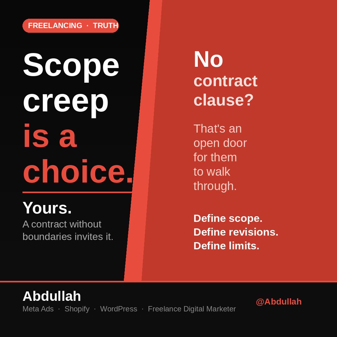 Abdulla85706082's tweet image. Scope creep does not happen to you. You allow it. No contract boundaries means an open door for every extra request.
🧵 Thread
#Freelancing #ClientWork #FreelanceLife #FreelancerTips #DigitalMarketing #SoloPreneur