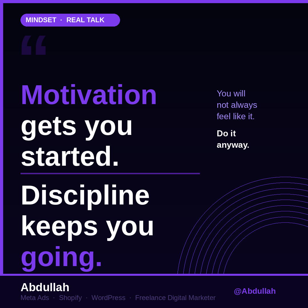 Abdulla85706082's tweet image. Motivation gets you started. Discipline keeps you going. You will not always feel like it. Do it anyway.
🧵 Thread
#FreelanceMindset #Freelancing #DigitalMarketing #Discipline #GrowthMindset #BuildInPublic
