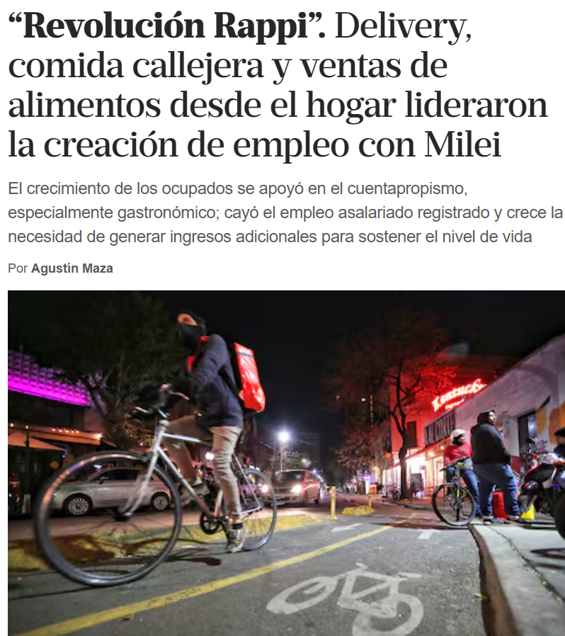 La "creación de empleo" del neoliberalismo salvaje consiste en que:
1) La gente se quede sin trabajo
2) No puedan conseguir trabajo
3) Terminan de repartidores/haciendo changas

Sin obra social, sin beneficios jubilatorios, sin protección laboral.

😉🤷‍♂️