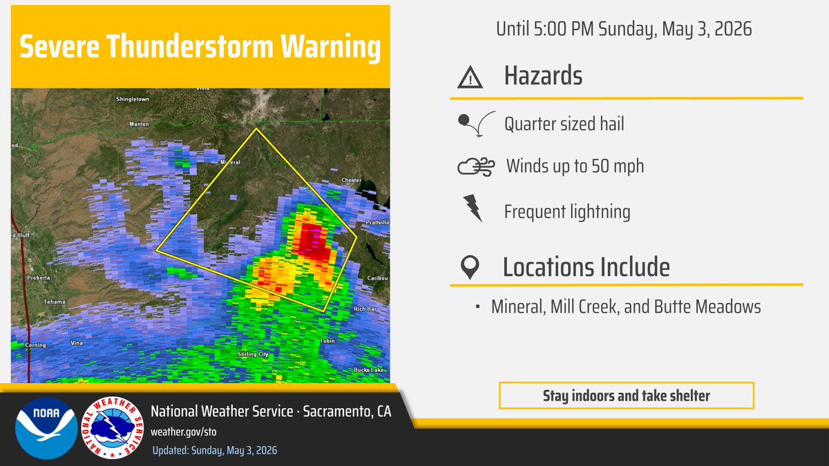 NWSSacramento's tweet image. We've issued a Severe Thunderstorm Warning for a storm northwest of Caribou until 5:00 pm. Hazards include quarter sized hail, winds up to 50 mph, and frequent lightning. If you see a flash, dash inside! #CAwx