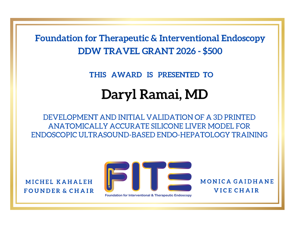 magicendoscopy's tweet photo. 🎉 FEATURING Daryl Ramai, MD
📷RECIPIENT 2026 FITE DDW Travel Grant Award!
🏆WINING ABSTract: Development &amp; Initial Validation of a 3D Printed Anatomically Accurate Silicone Liver Model for Endoscopic Ultrasound-Based Endo-Hepatology Training
#TEUSCONSORTIUM #IDHER #FITE #DDW2026 https://t.co/CuoHipWGNw