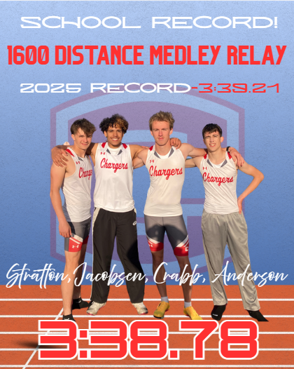 COfRed2's tweet photo. Records continue to be broken at CHS! Congratulations to Stratton, Jacobsen, Crabb, and Anderson on setting a new mark in the 1600M Relay on Thursday night. 3:38.78 breaks the record set in 2025 of 3:39.21. This one may get broken again in the next couple of weeks! https://t.co/qE93tovJeV