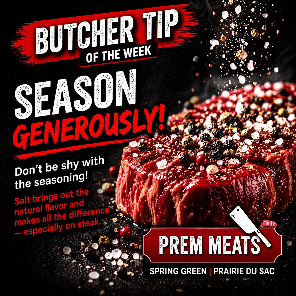 PremMeatsWI's tweet photo. 🔥 Butcher Tip of the Week 🔥

Don’t be shy with seasoning! 🧂

Salt helps bring out the natural flavor of your meat - especially steaks 🥩

Simple, but powerful.

#PremMeats #ButcherTips #GrillTips #ShopLocalWI #WisconsinEats #SpringGreenWI https://t.co/bOuQBJhglB