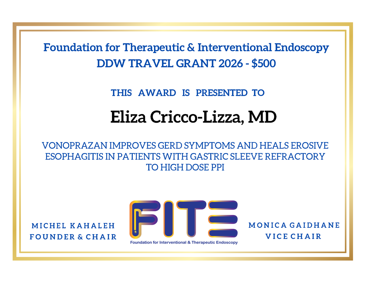 magicendoscopy's tweet photo. 🎉 FEATURING Eliza Cricco-Lizza, MD
📷RECIPIENT 2026 FITE DDW Travel Grant Award!
🏆WINING ABSTRACT: Vonoprazan Improves GERD Symptoms and Heals Erosive Esophagitis in Patients with Gastric Sleeve Refractory to High Dose PPI

#GERD #TEUSCONSORTIUM #IDHER #FITE #DDW2026 #WIE https://t.co/7HpWYH39Ud