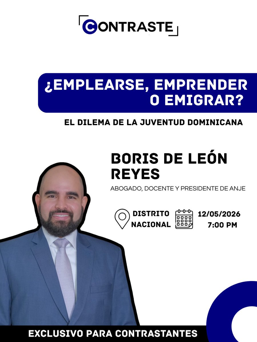 contrasterd_'s tweet photo. Les invitamos a participar de nuestro próximo encuentro, con @BorisDeLeon, abogado, docente y presidente de ANJE.
Conversaremos sobre las decisiones que están marcando el futuro de la juventud dominicana... https://t.co/QCS5JGc4to