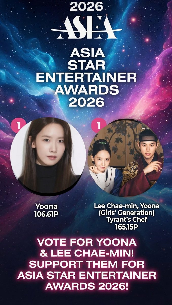 LimYoonaGVT's tweet image. ✨️ASEA 2026 FINALS✨️

Overall rank all apps:
#1 Best Actress
#1 FC Couple

Deadlines:
🗓5/10 (actress)
🗓5/17 (couple)

✅️Download the 3 apps &amp;amp; collect:
🩷 Jelly (PD)
💛 Gold hearts (M1)
🎟 Tickets (MB)

#LimYoona #YoonA #임윤아 #윤아 #BonAppetitYourMajesty #폭군의셰프