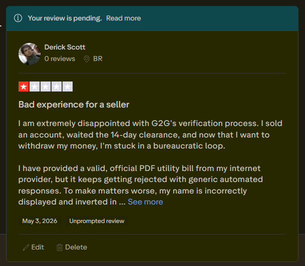 derickscott's tweet image. @G2Gdotcom  Need human help for Ticket 5386937. My valid PDF internet bill is being rejected and my name is locked incorrectly in your system, preventing verification. My funds are cleared but I can't withdraw. Please fix this! #G2G #Support
