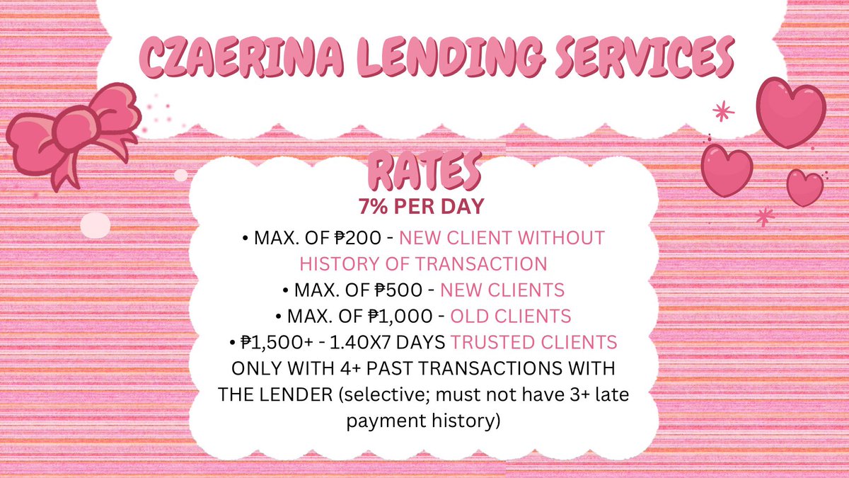czaeelend's tweet photo. INQUIRY FORM! ⋆𐙚₊˚⊹♡
     
full name:
age:
other X accounts:
Amount: ₱
DOP: 
Gcash Number: 
reason for borrowing:
nature of work:
source of income:
pendings (lender's @, amount, DOP):

screenshot proof of past transactions (show timestamp): https://t.co/6xCePnq7AO