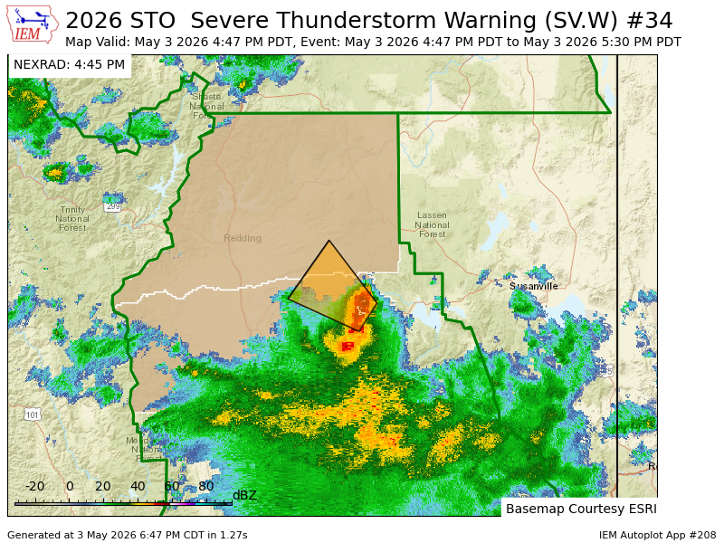 iembot_sto's tweet photo. STO issues Severe Thunderstorm Warning [tornado: POSSIBLE, wind: <50 MPH (RADAR INDICATED), hail: 1.00 IN (RADAR INDICATED)] for Shasta, Tehama [CA] till 5:30 PM PDT https://t.co/Q5mIdWVMDG https://t.co/p7gTdJso3m