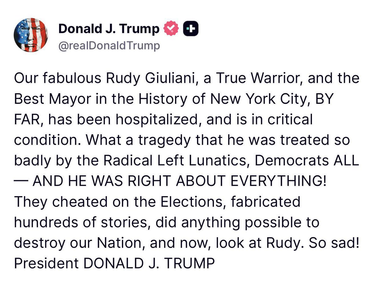 Mkuiilfypf's tweet image. 🙏 PRAYERS FOR RUDY GIULIANI 

President Trump shares that our True Warrior and the Greatest Mayor in New York City history is hospitalized in critical condition.

#usa #news #trump #president #prayersforrudy
