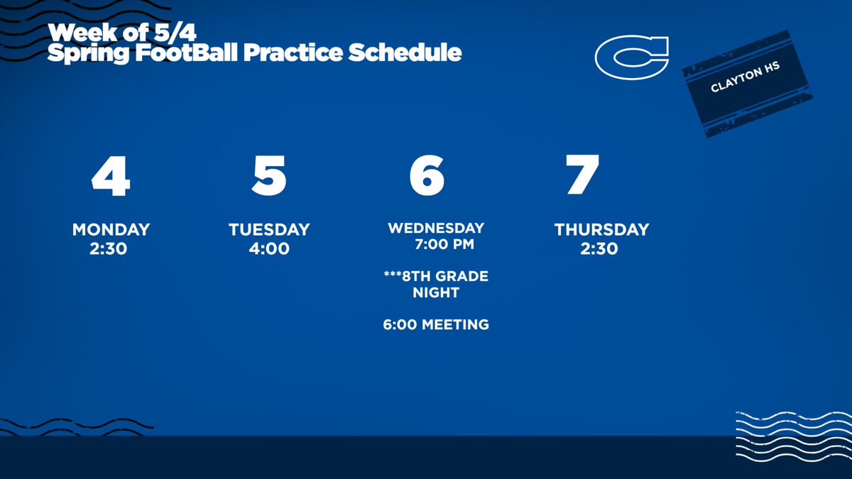 ClaytonCometsFB's tweet photo. This Week's Practice Schedule
**Don't Forget the 8th Grade Player/Parent Meeting on Wednesday at 6:00 PM

https://t.co/Si0GbjSbhW https://t.co/IcMHaDI3RE