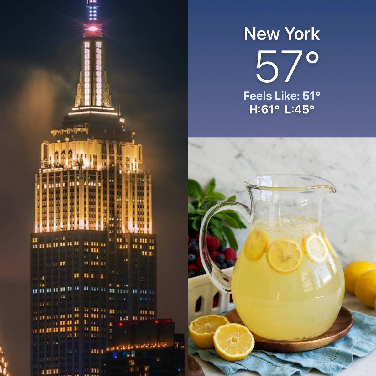 CorinnePulitzer's tweet photo. Sunset was at 7:54PM & it’s a windy & chilly night in NYC with sun in the forecast. The @EmpireStateBldg is lit in Signature White as #CitrusFans celebrate #NationalLemonadeDay🍋 @NationalDayCal @NY1weather @HeyWhatDay @DiningGuide2Day https://t.co/85Okej0MYK