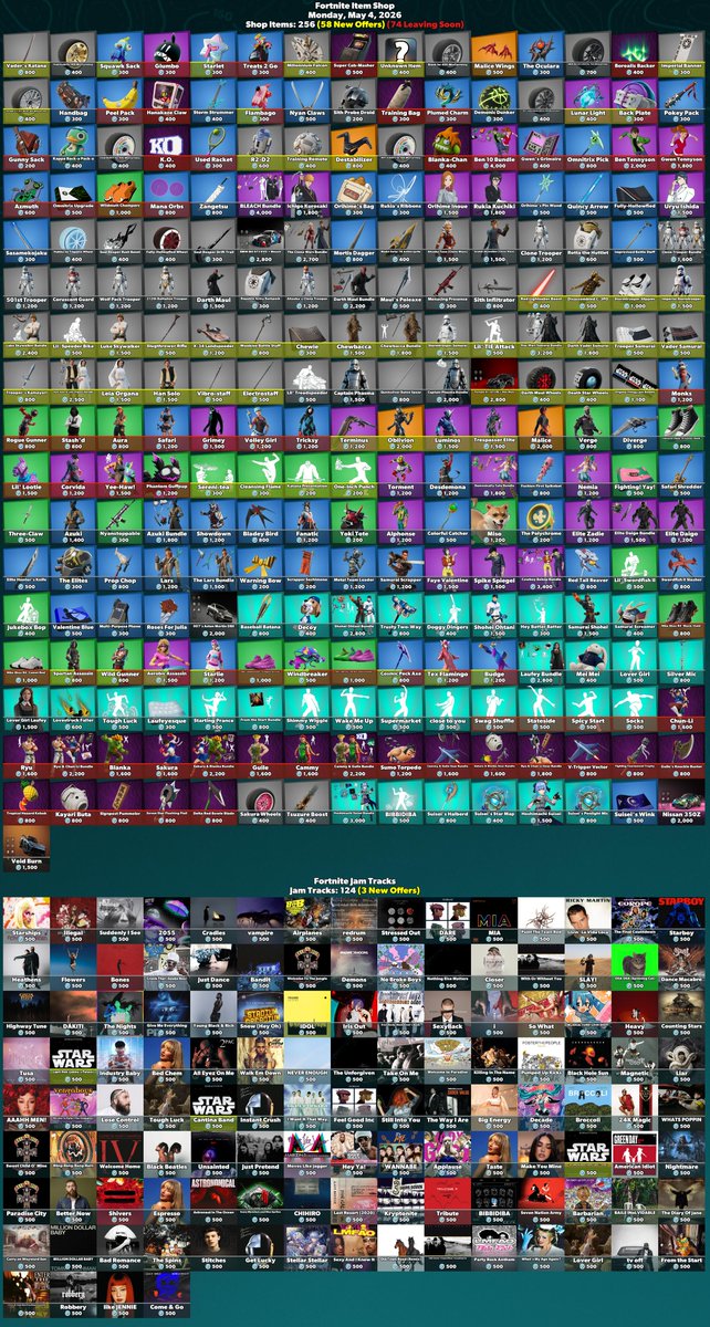 FireMonkey's tweet image. 🛒 #Fortnite Item Shop
⏰ Monday, May 4, 2026
Shop Items: 256 (58 New Offers) (74 Leaving Soon)

🏷️ Check The Web Store! (SAC Code Auto-Applied)
fortnite.com/item-shop?crea… #EpicPartner

💙 Consider Using These SACs:
· FireMonkey #AD
· W1q