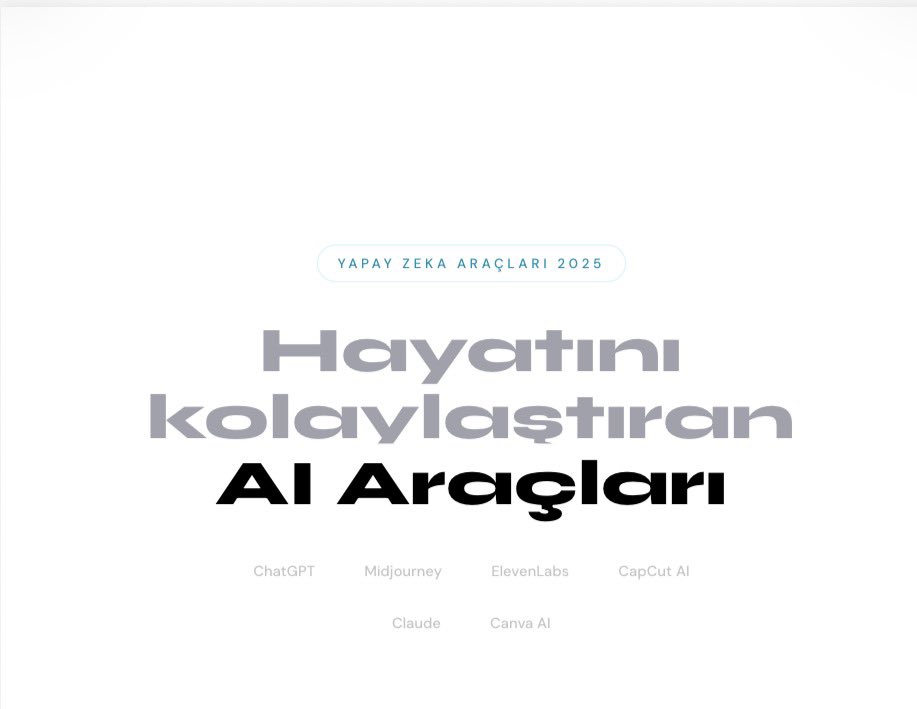 thearinnnn's tweet image. 2025’te işini kolaylaştırmak istiyorsan bu araçlara bir şans ver.
Denemeden geçme.
Hangisini kullanıyorsun? Yoruma yaz 

#yapayzeka #aitools #chatgpt #midjourney #canva #içeriküretimi #dijitalgelir #teknoloji #sosyalmedyaipuçları #türkiye