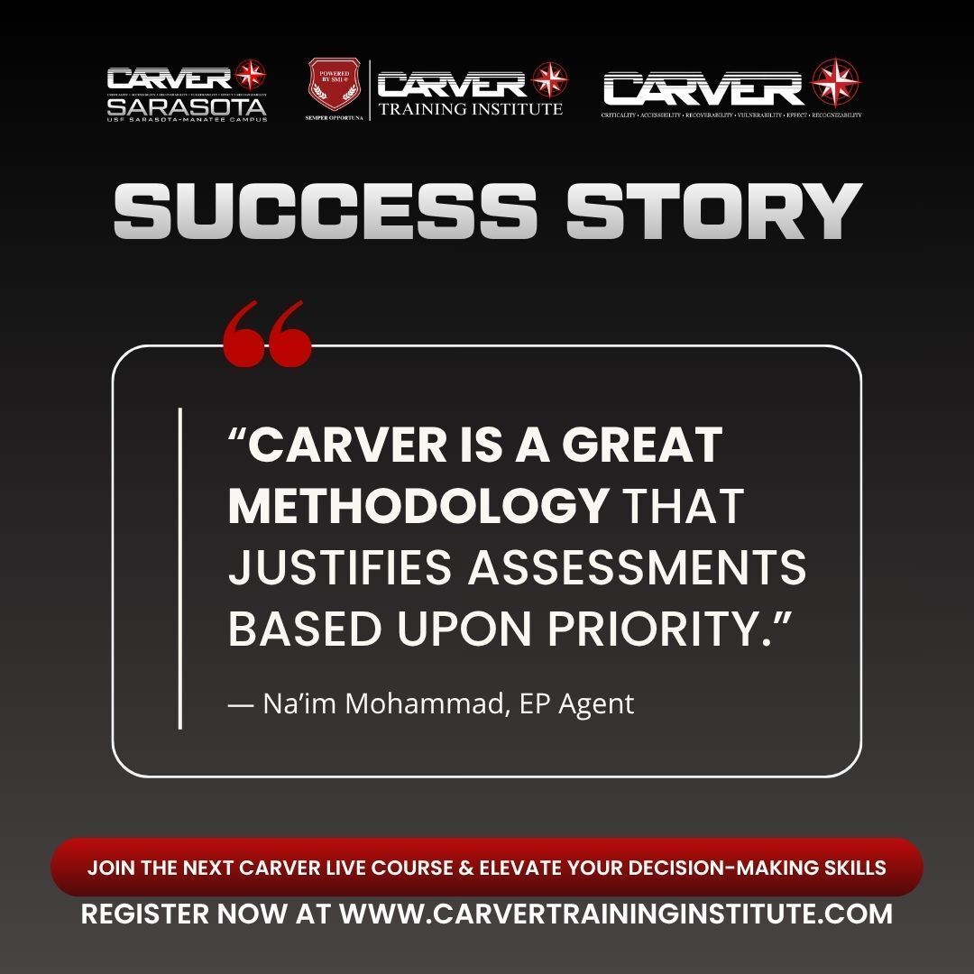 LukeBencieSMI's tweet image. "CARVER is a great methodology that justifies my assessments based upon priority."
– Na’im Mohammad, EP Agent

Learn more about the CARVER Live courses and enroll today: carvertraininginstitute.com

#CARVER #SuccessStory #StudentFeedback #LeadershipTraining #DecisionMaking