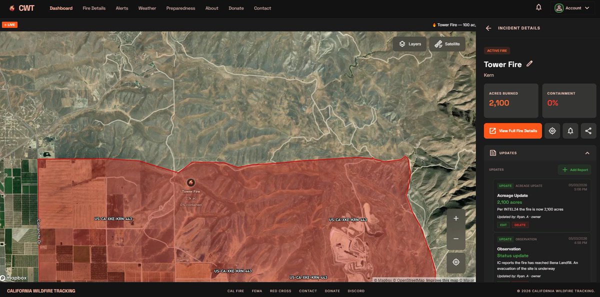 CaliFireTracker's tweet photo. The #TowerFire is now 2,100 acres. https://t.co/64NWDU17QN